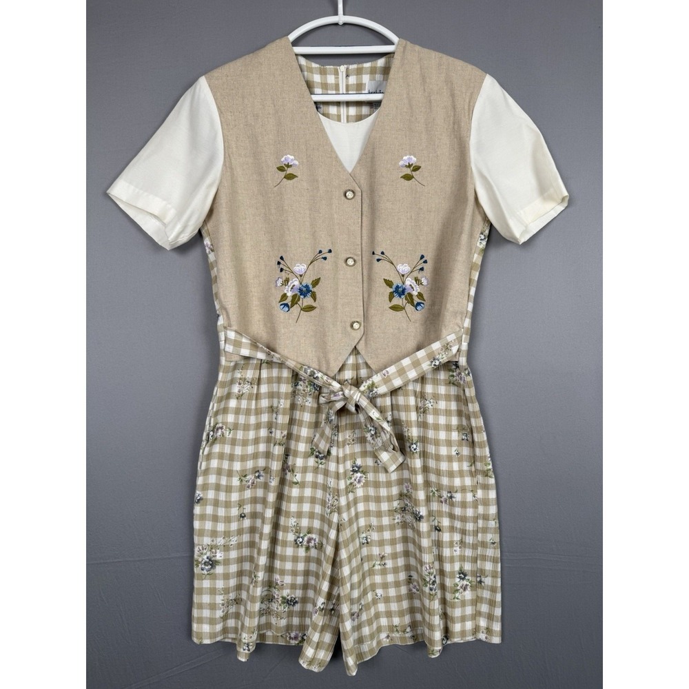 Vintage 90s JustInThyme Layered Romper Womens 8 Beige White Linen Check Floral